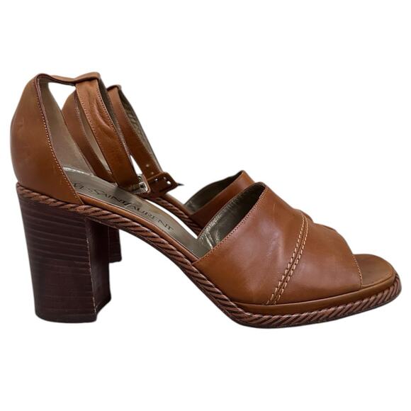 YSL Yves Saint Laurent Women 8.5 Block Heel Sandals Brown Leather Boho Luxury - Picture 3 of 13